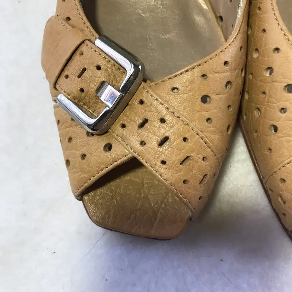 Stuart Weitzman tan leather cutouts peep toe wedges buckle detail 7 Spain - Picture 6 of 11